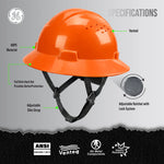 orange | front angled view with specification callouts | Vented Full Brim Hard Hat — GE PPE GH328, ANSI Z89.1-2014 Type 1 Class C | GH328O