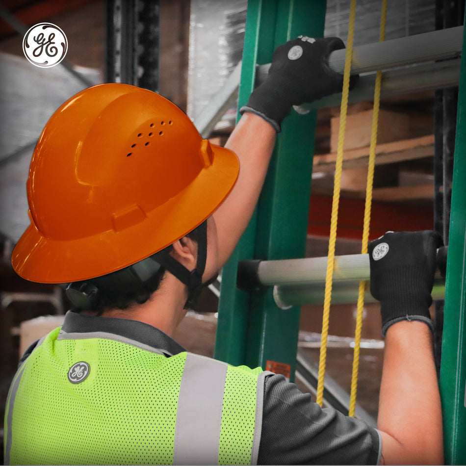 orange | worker wearing hard hat on construction site | Vented Full Brim Hard Hat — GE PPE GH328, ANSI Z89.1-2014 Type 1 Class C | GH328O