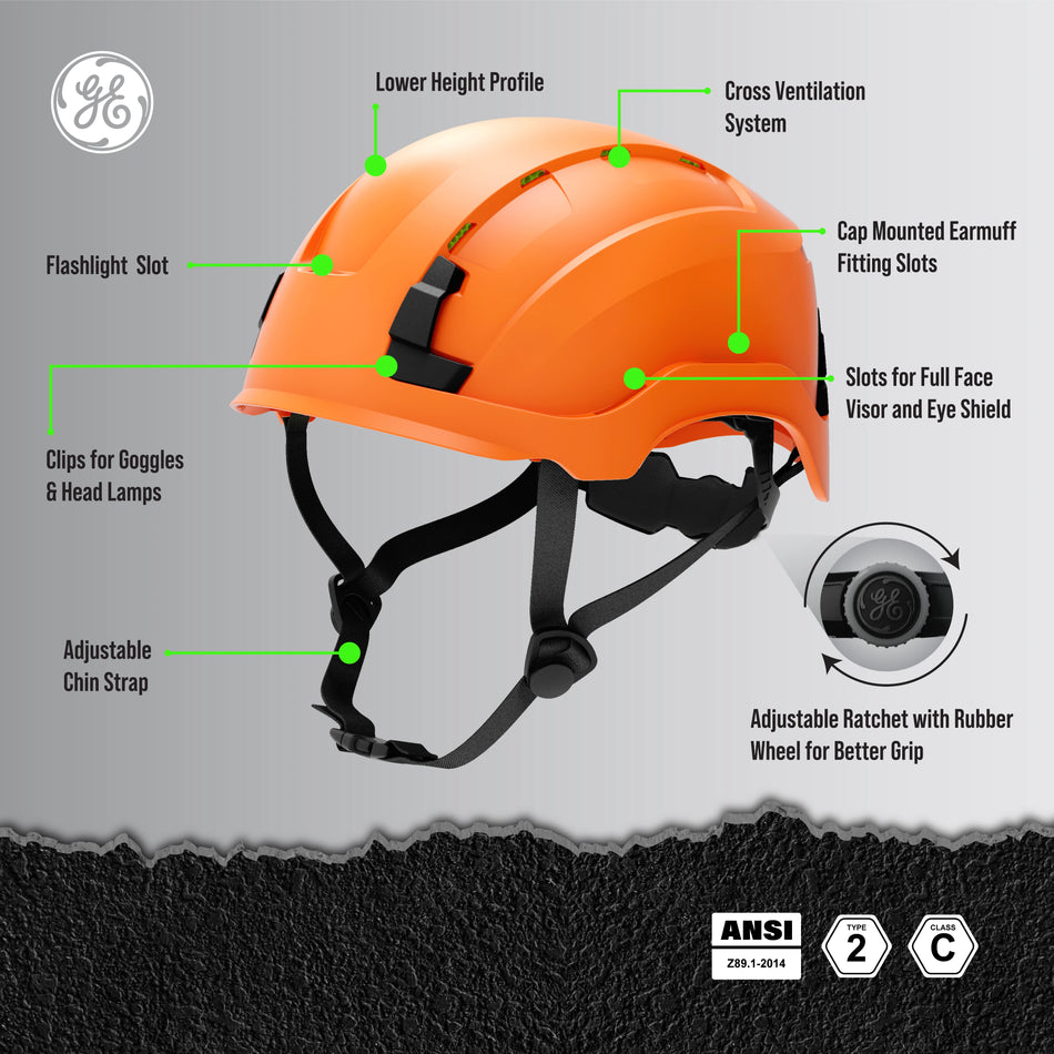orange, Vented | model wearing helmet outdoors profile | Vented Type 2 Safety Helmet with Koroyd — GE PPE GH500, ANSI Z89.1 Class C | GH500O
