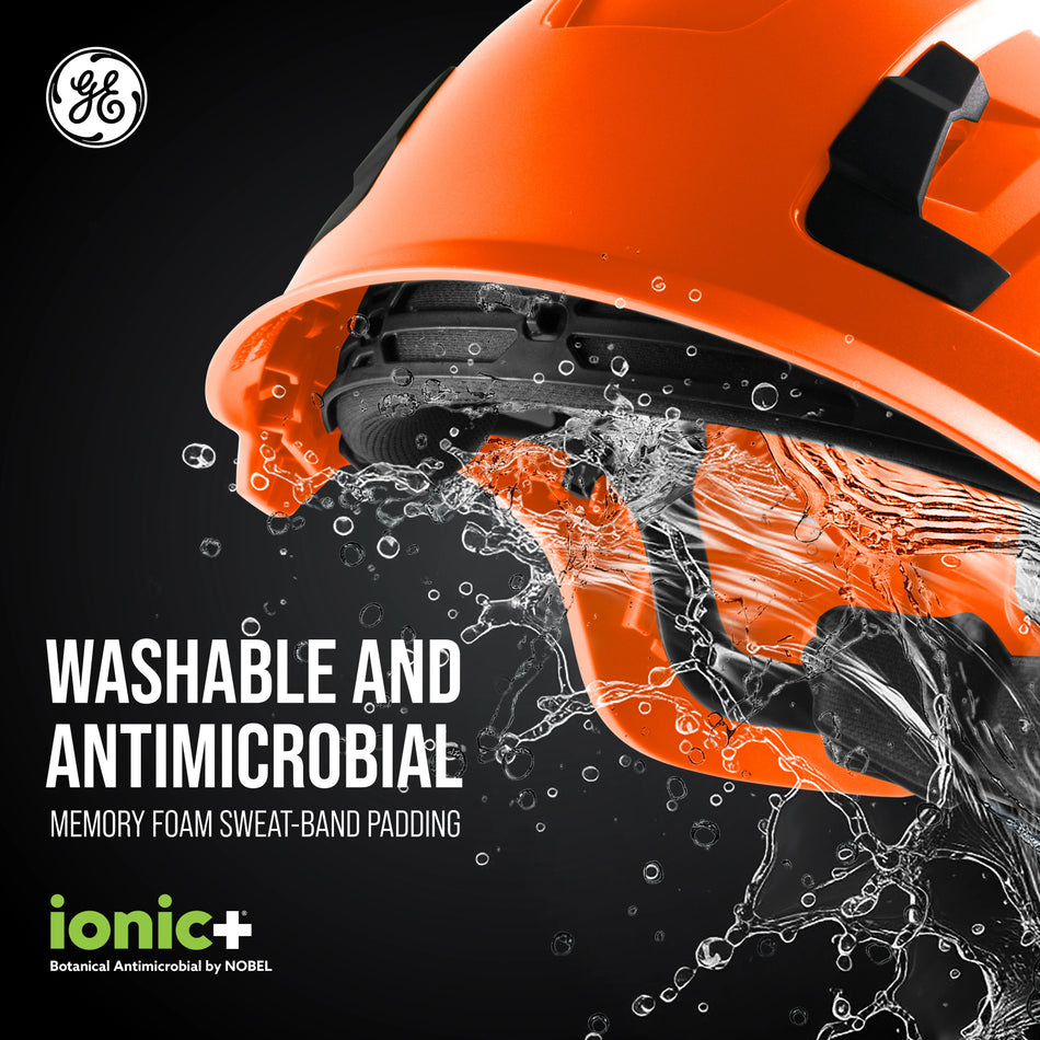 orange, Vented | helmet with water splashing impact demonstration | Vented Type 1 Safety Helmet with Koroyd — GE PPE GH400, ANSI Z89.1-2014 Class C | GH400O