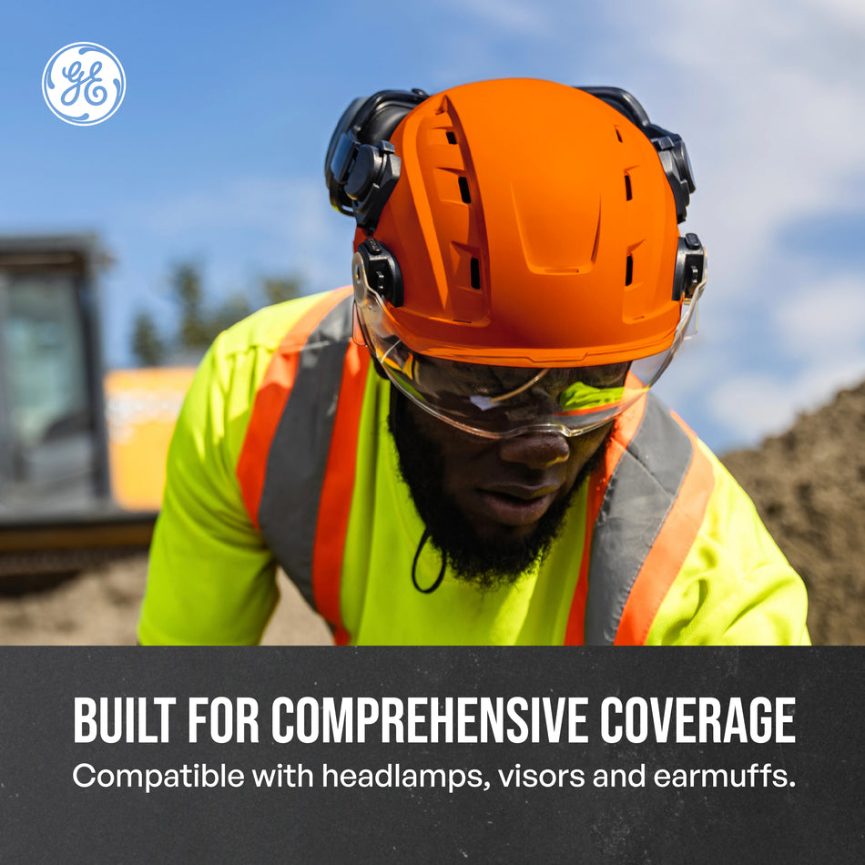 orange, Vented | model wearing helmet on construction site | Vented Type 1 Safety Helmet with Koroyd — GE PPE GH400, ANSI Z89.1-2014 Class C | GH400O