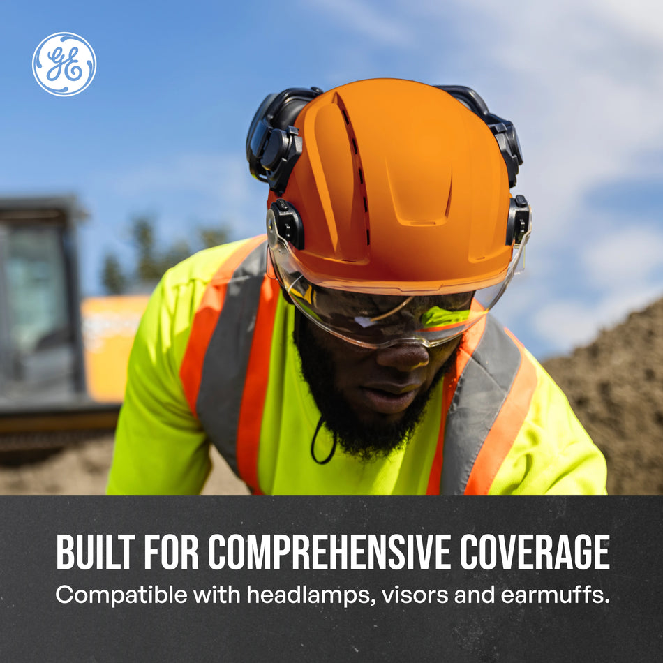 orange, Vented | worker wearing helmet outdoors construction site | Vented Type 2 Safety Helmet with Koroyd — GE PPE GH500, ANSI Z89.1 Class C | GH500O