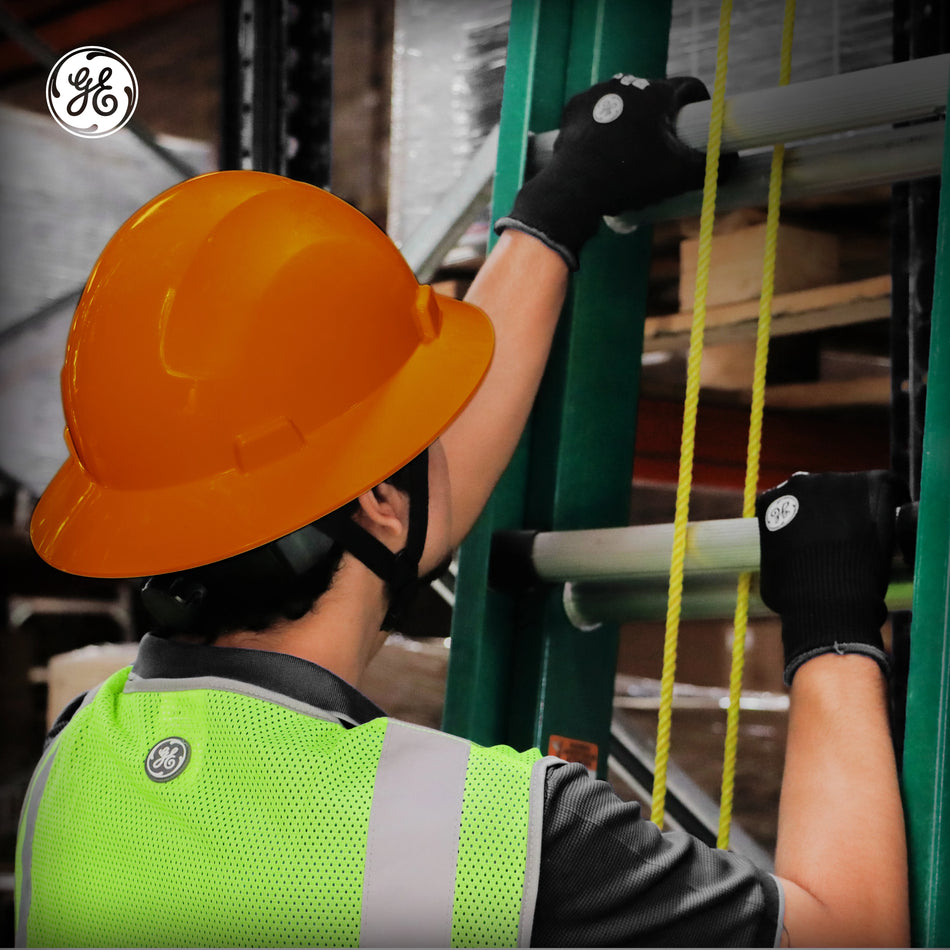 orange | worker wearing hard hat on job site | Full Brim Hard Hat — GE PPE GH329, ANSI Z89.1-2014 Type 1 Class E Dielectric | GH329O