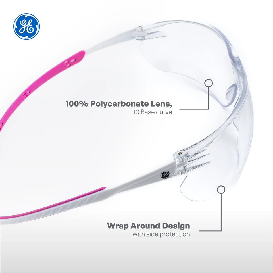 pink/white, Clear Anti-Fog | three-quarter angle showing wrap-around frame design | Wrap-Around Safety Glasses — GE PPE 30 Series, ANSI Z87.1 | GE130CAF