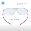 pink/white, Clear Anti-Fog | front view with feature callouts highlighted | Wrap-Around Safety Glasses — GE PPE 30 Series, ANSI Z87.1 | GE130CAF