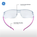 pink/white, Clear Anti-Fog | front view with feature callouts highlighted | Wrap-Around Safety Glasses — GE PPE 30 Series, ANSI Z87.1 | GE130CAF