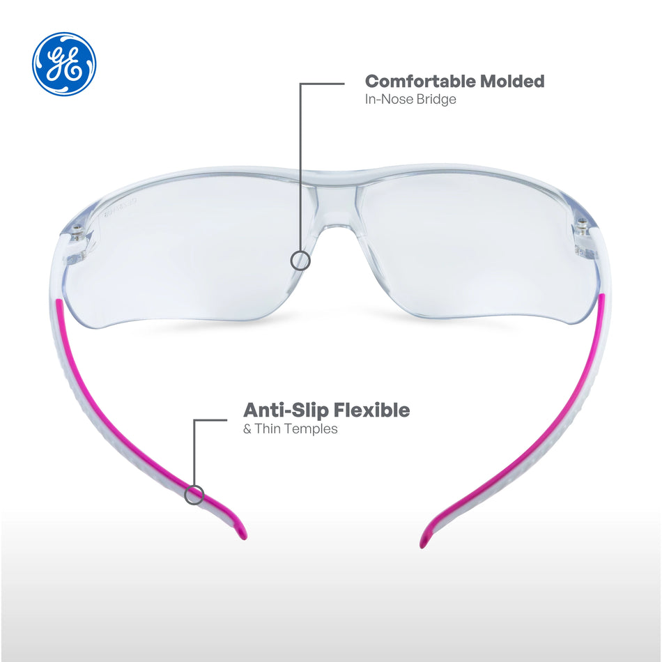pink/white, Clear Anti-Fog | front view with feature callouts highlighted | Wrap-Around Safety Glasses — GE PPE 30 Series, ANSI Z87.1 | GE130CAF