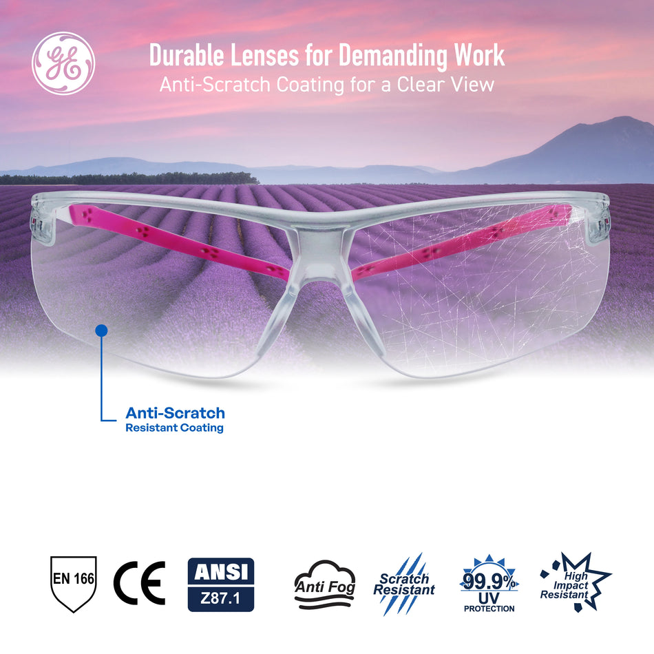 pink/white, Clear Anti-Fog | front view showcasing scratch resistant lens coating | Wrap-Around Safety Glasses — GE PPE 30 Series, ANSI Z87.1 | GE130CAF