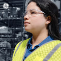 pink/white, Clear Anti-Fog | model wearing safety glasses in industrial setting | Wrap-Around Safety Glasses — GE PPE 30 Series, ANSI Z87.1 | GE130CAF