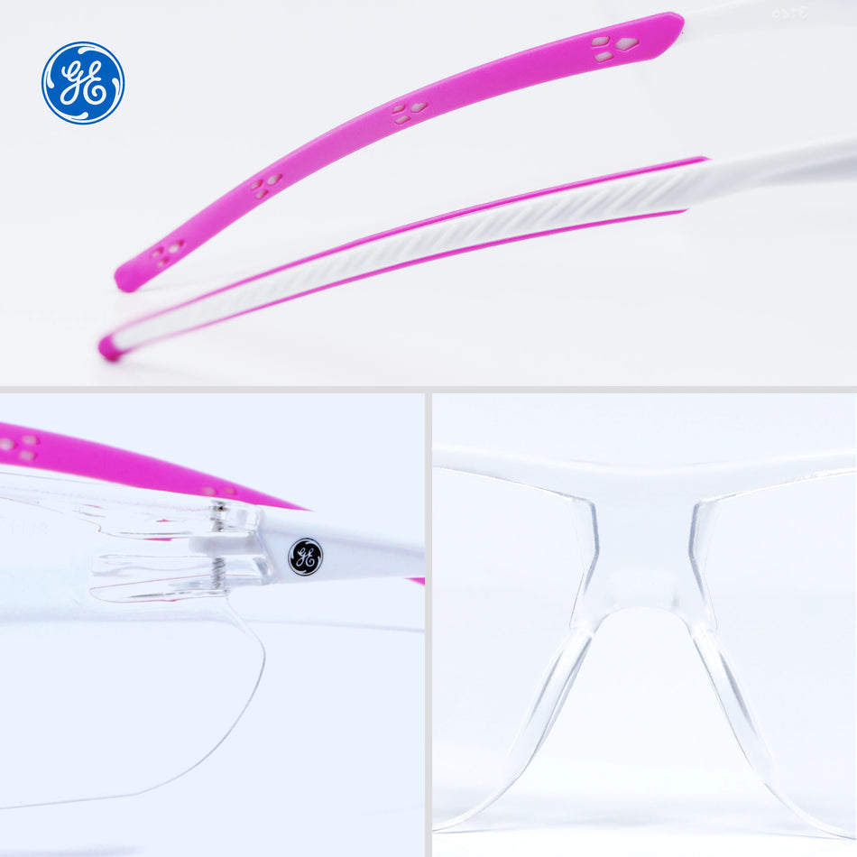 pink/white, Clear Anti-Fog | angled view displaying pink arm detail | Wrap-Around Safety Glasses — GE PPE 30 Series, ANSI Z87.1 | GE130CAF