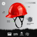 red | front view with labeled specifications diagram | Vented Cap Style Hard Hat — GE PPE GH326, ANSI Z89.1-2014 Type 1 Class C | GH326R