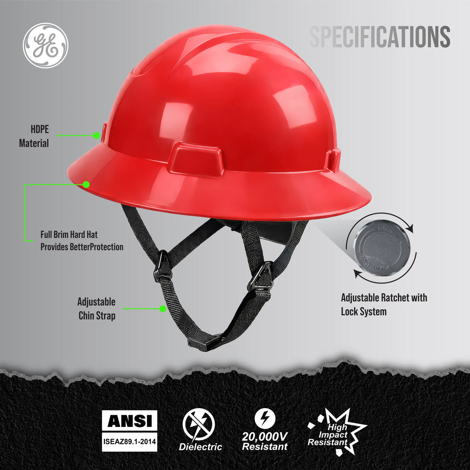 red | GH329 dielectric full brim hard hat | Full Brim Hard Hat — GE PPE GH329, ANSI Z89.1-2014 Type 1 Class E Dielectric | GH329R