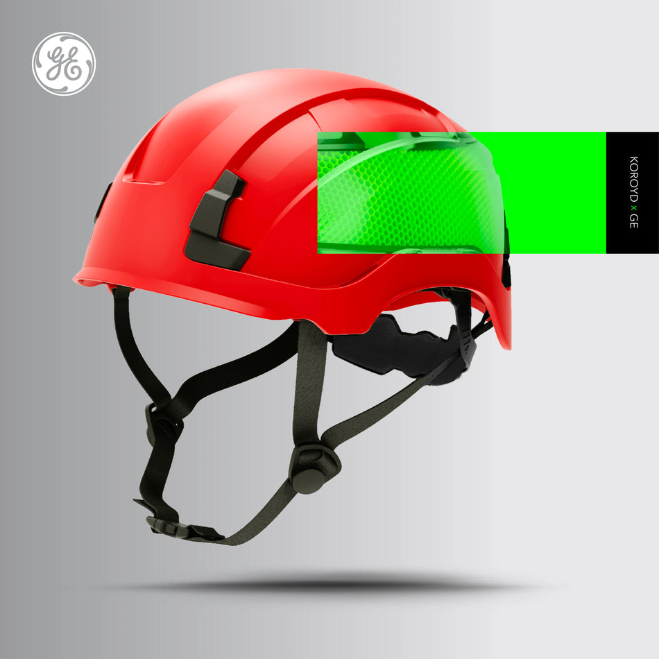 red, Non-Vented | three-quarter view with reflective stripe visible | Non-Vented Type 2 Safety Helmet with Koroyd — GE PPE GH501, ANSI Z89.1-2014 Class E & G | GH501R