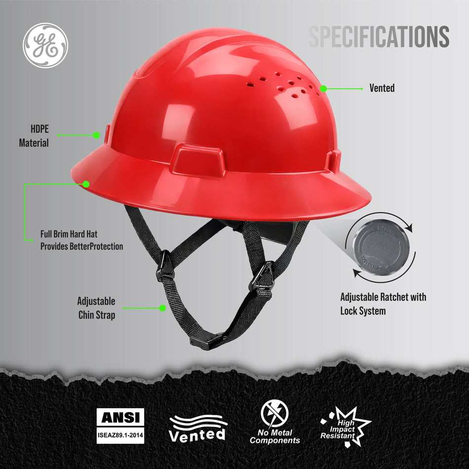 red | front three-quarter view with specifications highlighted | Vented Full Brim Hard Hat — GE PPE GH328, ANSI Z89.1-2014 Type 1 Class C | GH328R