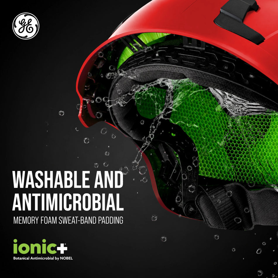 red, Vented | angled view with water droplets splashing | Vented Type 2 Safety Helmet with Koroyd — GE PPE GH500, ANSI Z89.1 Class C | GH500R