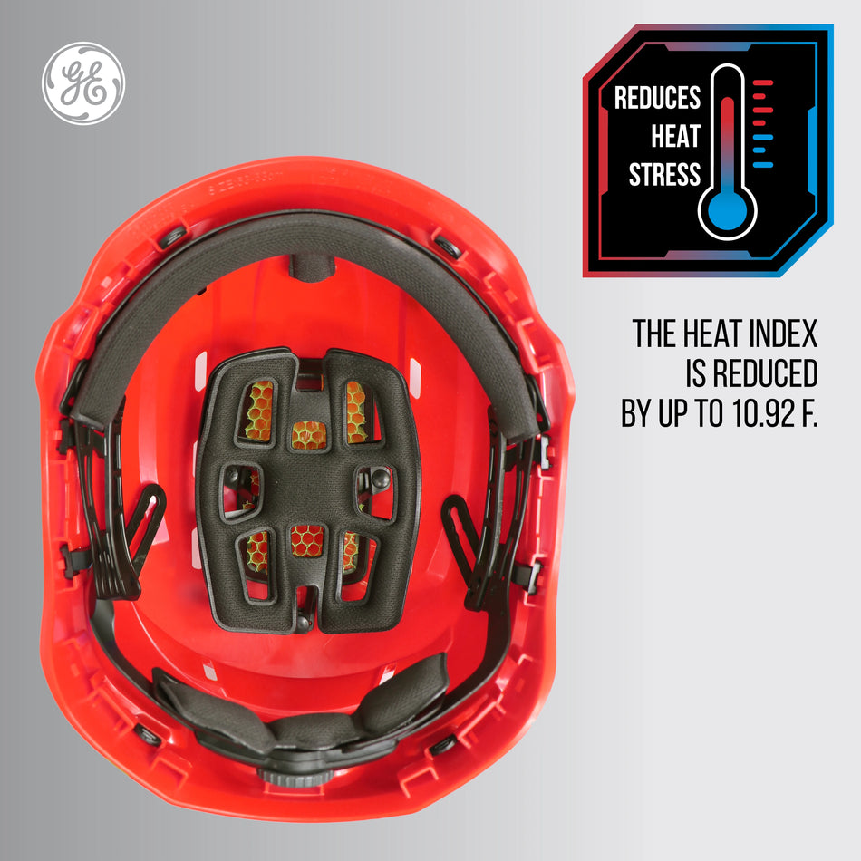 red, Vented | top-down view showing ventilation channels | Vented Type 1 Safety Helmet with Koroyd — GE PPE GH400, ANSI Z89.1-2014 Class C | GH400R