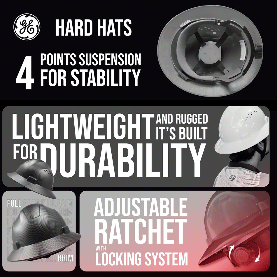 red | interior suspension system and product features | Vented Full Brim Hard Hat — GE PPE GH328, ANSI Z89.1-2014 Type 1 Class C | GH328R