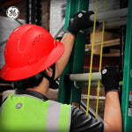 red | worker wearing hard hat on job site | Vented Full Brim Hard Hat — GE PPE GH328, ANSI Z89.1-2014 Type 1 Class C | GH328R