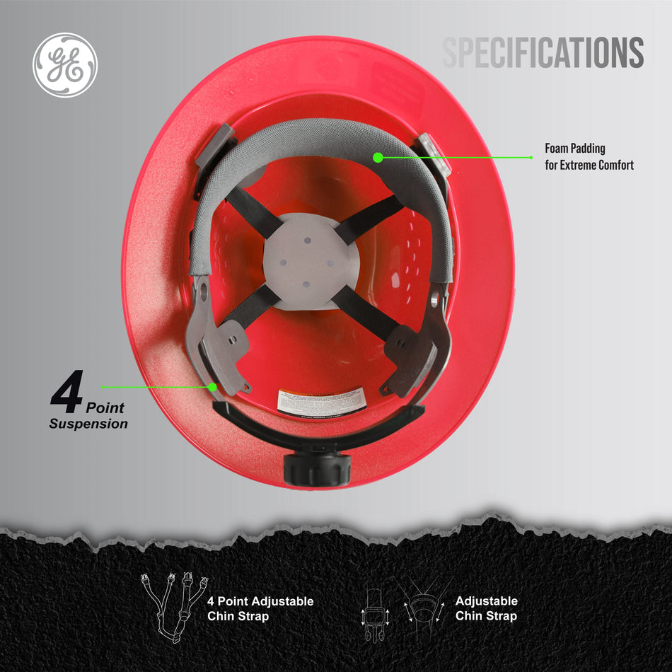 red | top-down view showing interior suspension system | Vented Full Brim Hard Hat — GE PPE GH328, ANSI Z89.1-2014 Type 1 Class C | GH328R