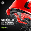 red, Vented | close-up water splash action shot | Vented Type 1 Safety Helmet with Koroyd — GE PPE GH400, ANSI Z89.1-2014 Class C | GH400R
