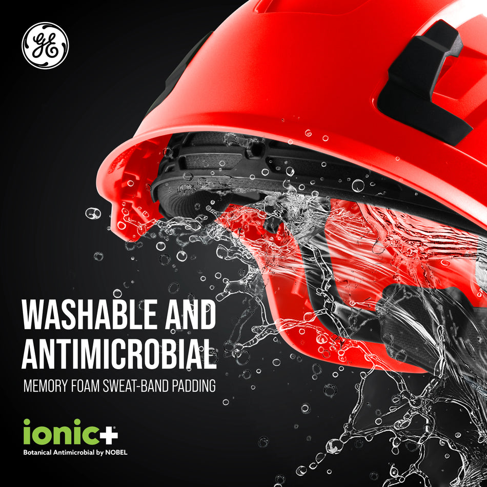 red, Vented | close-up water splash action shot | Vented Type 1 Safety Helmet with Koroyd — GE PPE GH400, ANSI Z89.1-2014 Class C | GH400R