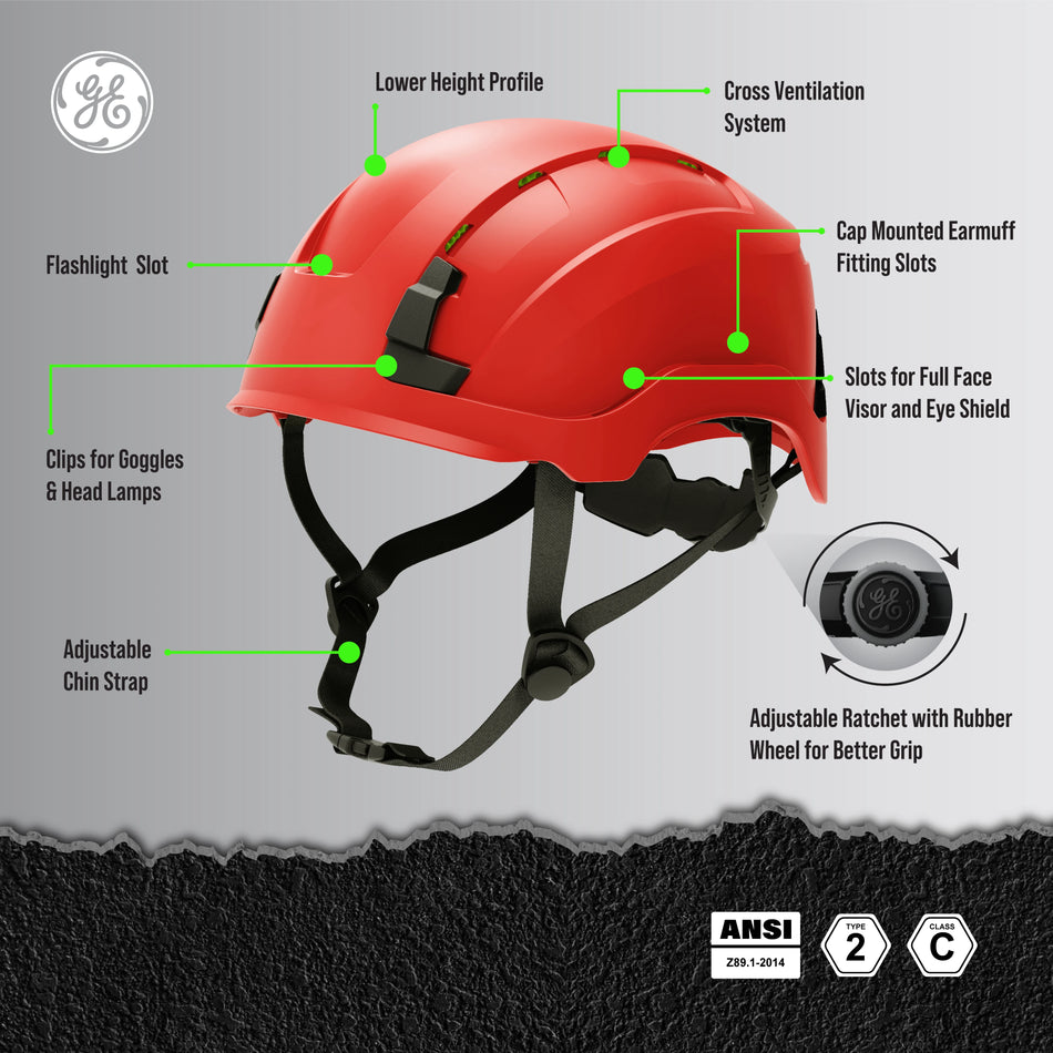 red, Vented | model wearing helmet at construction site | Vented Type 2 Safety Helmet with Koroyd — GE PPE GH500, ANSI Z89.1 Class C | GH500R