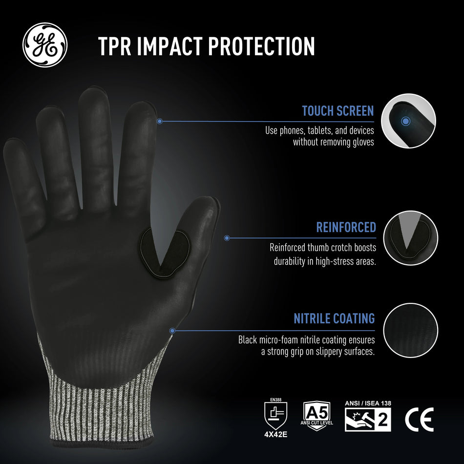 2xl, 1 Pack | ANSI Cut Level 5 | TPR Impact Foam Nitrile Work Gloves — GE PPE GG244, Impact Resistant | GG2442XLC