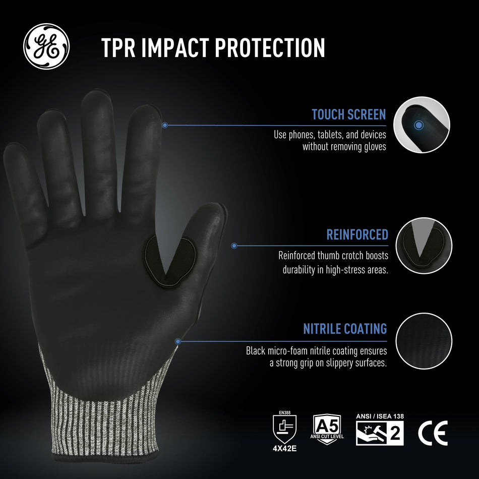 s, 1 Pack | ANSI Cut Level 5 | TPR Impact Foam Nitrile Work Gloves — GE PPE GG244, Impact Resistant | GG244SC