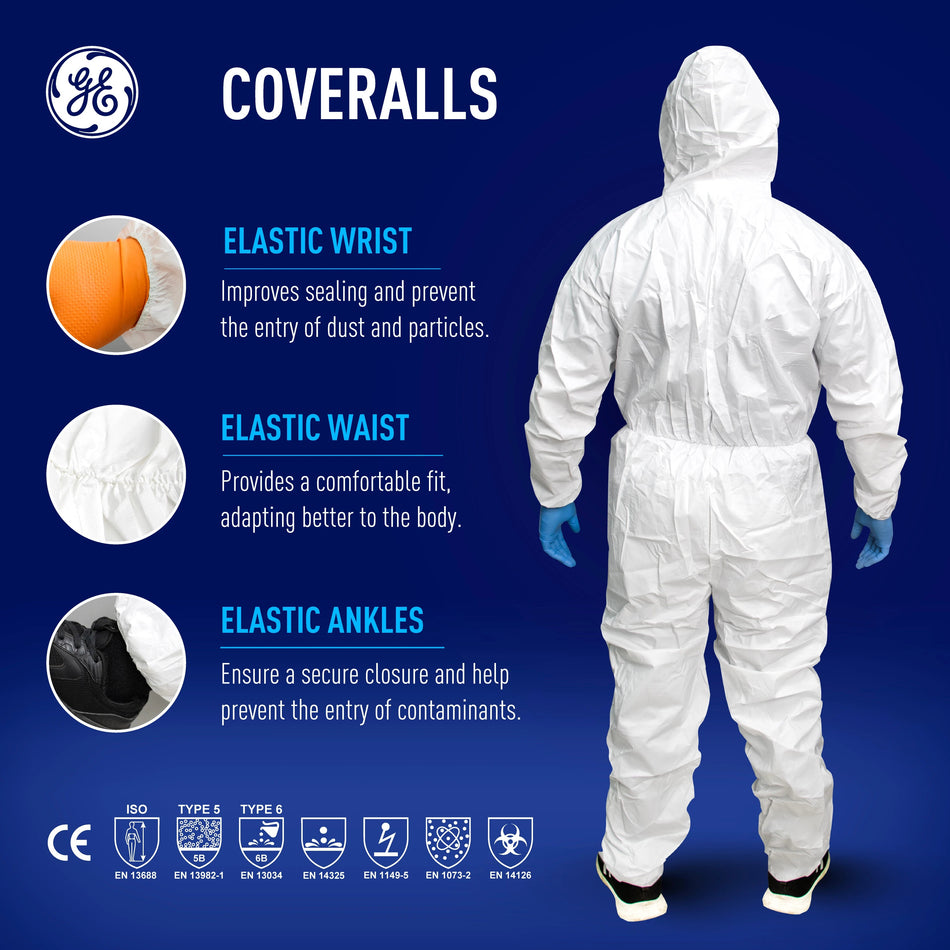 s | back view with detailed feature callouts | Microporous Disposable Coverall Type 5/6 — GE PPE GW904, 63 GSM, Elastic Hood | GW9043XL