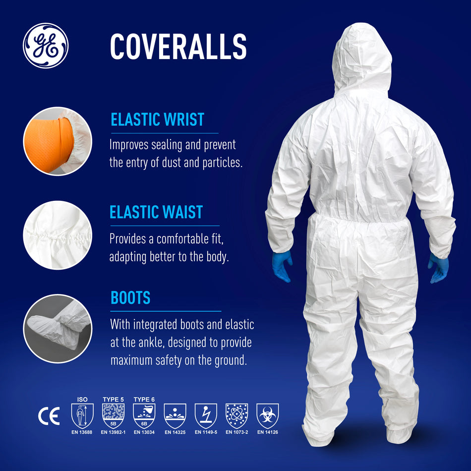 s | back view with feature callouts displayed | Microporous Disposable Coverall Type 5/6 — GE PPE GW903, EN ISO 13982-1 & 13034, Hood & Boots | GW903S