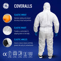 l | back view with feature callouts | SMS Disposable Hooded Coverall Type 5/6 — GE PPE GW901, EN 13982-1, Elastic Wrists & Ankles | GW901L