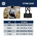 s | front view with sizing reference chart | Lumbar Back Support Belt — GE PPE GR540, Ergonomic Fit | GR540S
