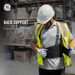 s | model wearing support belt in warehouse | Lumbar Back Support Belt — GE PPE GR540, Ergonomic Fit | GR540S