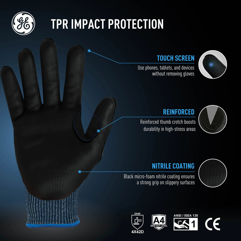 l | Micro Foam Nitrile, ANSI Cut Level 4 | TPR Impact Cut Level 4 Micro Foam Work Gloves — GE PPE GG242, Impact Resistant | GG242LC