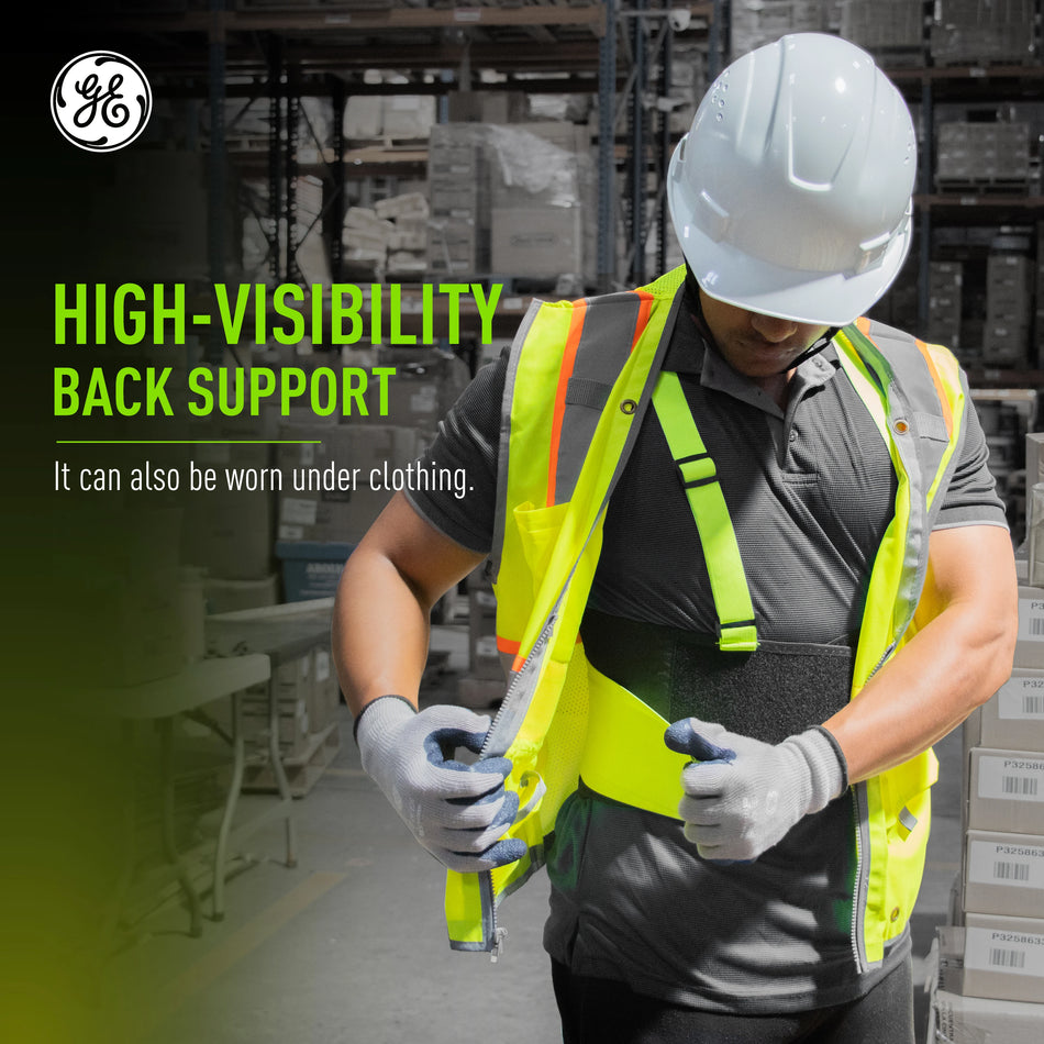 s | model wearing back support in warehouse | High-Visibility Back Support Belt — GE PPE GR542, Ergonomic Fit | GR542S