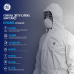 s | model wearing coverall with hood view | Microporous Disposable Coverall Type 5/6 — GE PPE GW904, 63 GSM, Elastic Hood | GW904L
