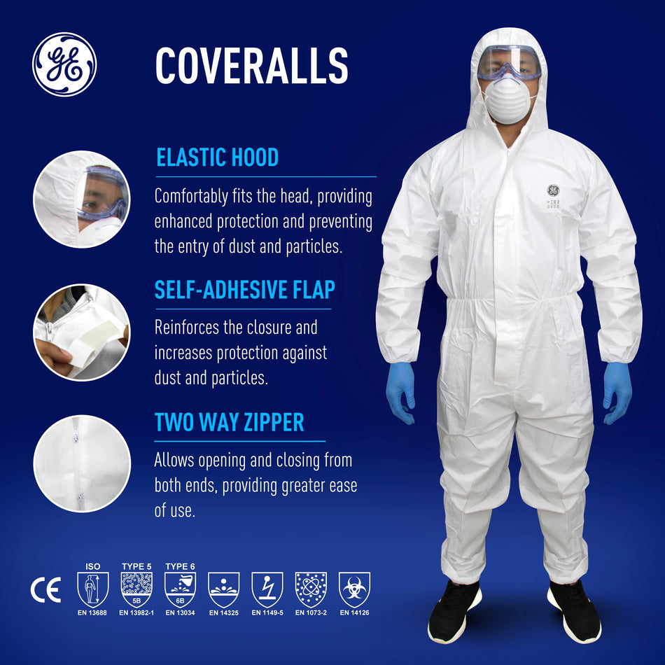s | model wearing full protective coverall suit | Microporous Disposable Coverall Type 5/6 — GE PPE GW904, 63 GSM, Elastic Hood | GW9043XL