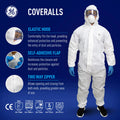 l | model wearing full protective suit front view | SMS Disposable Hooded Coverall Type 5/6 — GE PPE GW901, EN 13982-1, Elastic Wrists & Ankles | GW901L