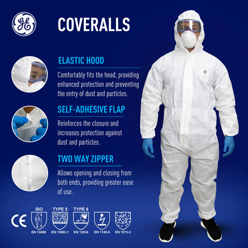 SMS Disposable Hooded Coverall Type 5/6 — GE PPE GW901, EN 13982-1, Elastic Wrists & Ankles