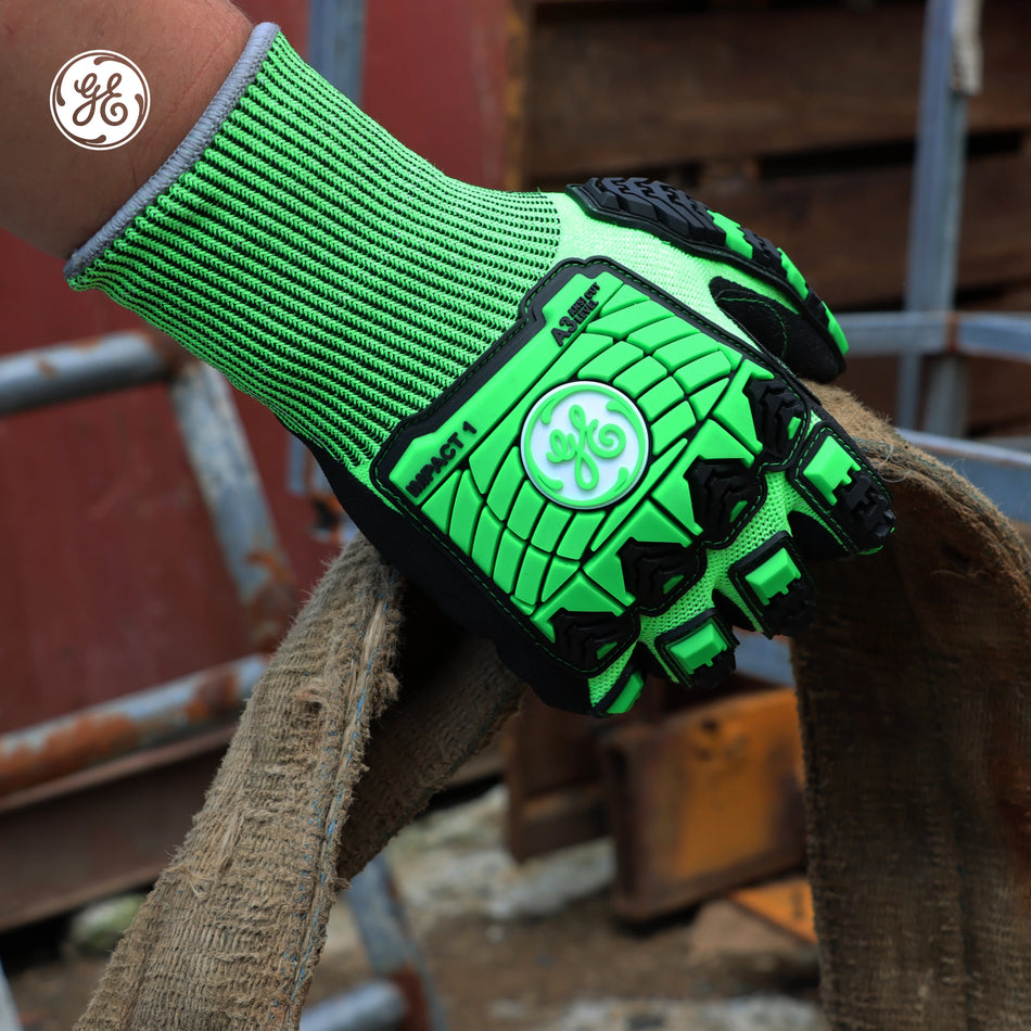 s | model wearing gloves on hand | Sandy Nitrile TPR Impact Work Gloves — GE PPE GG240, Impact Resistant | GG240SC