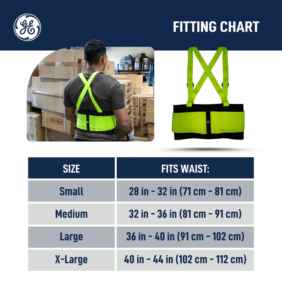 xl | model wearing support belt warehouse setting | High-Visibility Back Support Belt — GE PPE GR542, Ergonomic Fit | GR542XL