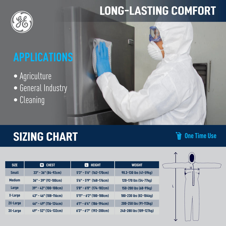 l | model wearing white protective coverall hooded | SMS Disposable Hooded Coverall Type 5/6 — GE PPE GW901, EN 13982-1, Elastic Wrists & Ankles | GW901L