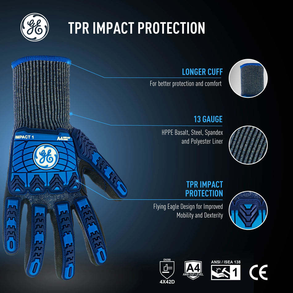 m | palm view showing protective grip pattern | TPR Impact Cut Level 4 Micro Foam Work Gloves — GE PPE GG242, Impact Resistant | GG242MC
