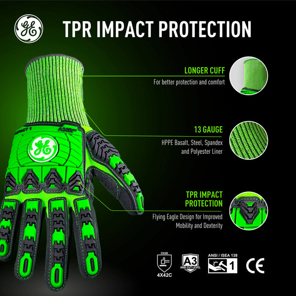 s | flat lay with feature callouts and close-ups | Sandy Nitrile TPR Impact Work Gloves — GE PPE GG240, Impact Resistant | GG240SC