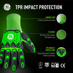 s | flat lay with feature callouts and close-ups | Sandy Nitrile TPR Impact Work Gloves — GE PPE GG240, Impact Resistant | GG240SC