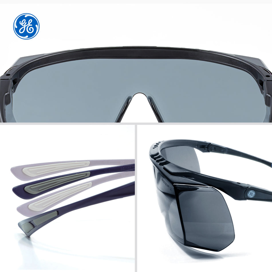 smoke anti-scratch | front view with interchangeable temple options | Over-Prescription OTG Safety Glasses — GE PPE 12 Series, Dielectric, ANSI Z87.1 | GE212S