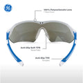 white/blue, Blue Mirror Anti-Fog | front view with feature callouts labeled | Wrap-Around Safety Glasses — GE PPE 10 Series, Anti-Fog, ANSI Z87.1 | GE110BAF