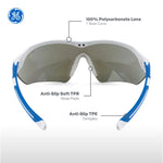 white/blue, Blue Mirror Anti-Fog | front view with feature callouts labeled | Wrap-Around Safety Glasses — GE PPE 10 Series, Anti-Fog, ANSI Z87.1 | GE110BAF