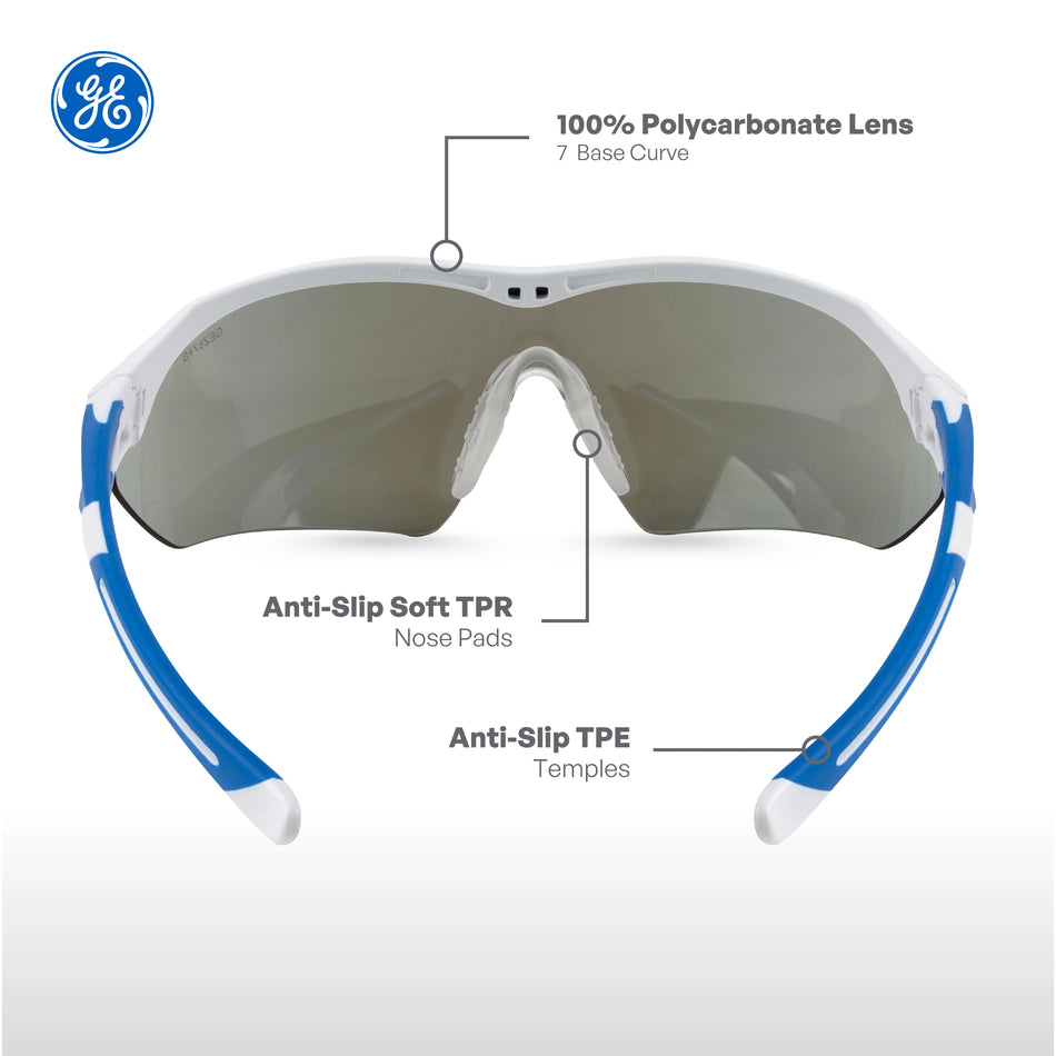 white/blue, Blue Mirror Anti-Fog | front view with feature callouts labeled | Wrap-Around Safety Glasses — GE PPE 10 Series, Anti-Fog, ANSI Z87.1 | GE110BAF