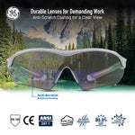 white/blue, Blue Mirror Anti-Fog | front view with mountain landscape reflection | Wrap-Around Safety Glasses — GE PPE 10 Series, Anti-Fog, ANSI Z87.1 | GE110BAF